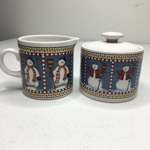 Debbie Mumm Sakura Snowman Creamer Pitcher & Sugar Bowl Dish with lid